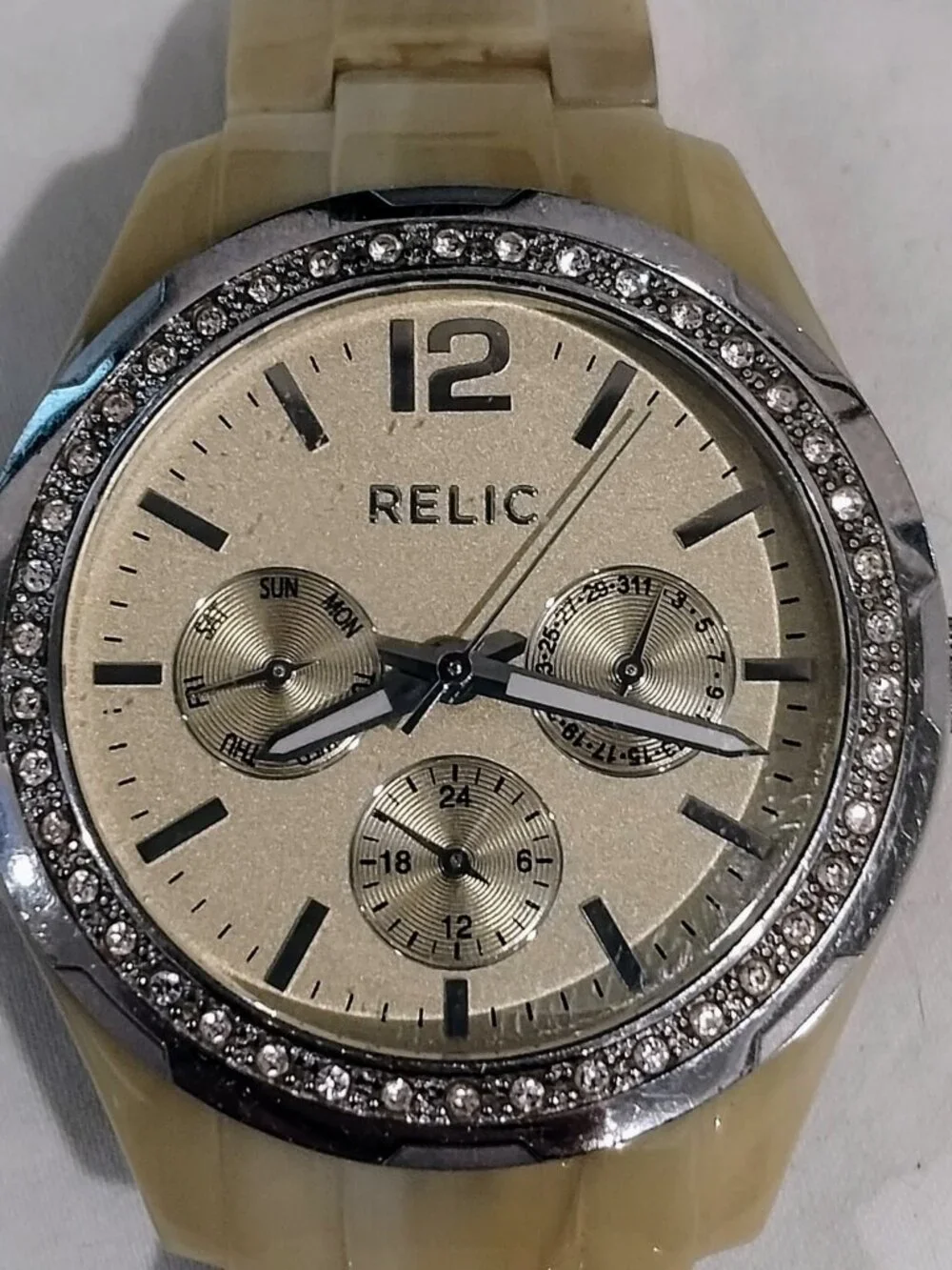 Relic Beige Tortoise Resin Rhinestone Chronograph Watch ZR15590 Gold Dial